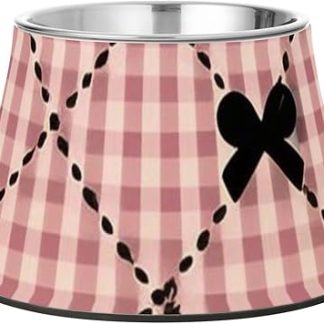 Черно-розовые клетчатые миски для корма для собак с бантами, приподнятые миски из нержавеющей стали для кошек средних пород, Whiskers Relief