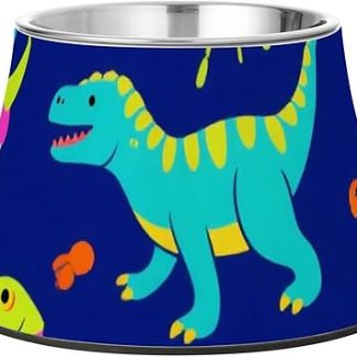 Миска для домашних животных Roaring Dino Spot темно-синего флуоресцентно-зеленого цвета, приподнятая, из нержавеющей стали, для удобного кормления ваших питомцев.