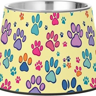 Подставка для корма для собак Dog Paw желтого цвета из нержавеющей стали с нескользящим покрытием, подходит для средних собак, обеспечивает комфортное кормление.