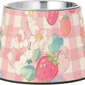 Симпатичная миска для еды и воды в виде клубничного клетчатого узора для собак средних размеров, нескользящая, из нержавеющей стали.