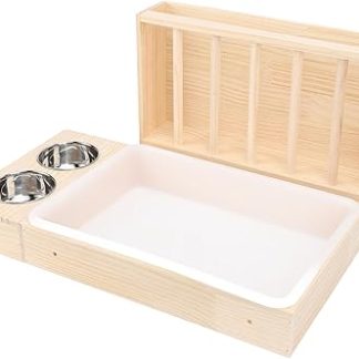 Кормушка для сена для кроликов с лотком для туалета, большая деревянная кормушка для сена с 2 чашами из нержавеющей стали, для морских свинок, шиншилл, хомяков и мелких животных.