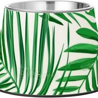 Миска для воды с рисунком пальмовых листьев и подставкой из нержавеющей стали. Подходит для средних собак, которые едят медленно.