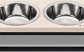 Двойная миска Navaris с подставкой - кормушка для собак и кошек - 1 подставка из дуба и 2 миски из нержавеющей стали - держатель для мисок с кормом