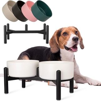 Набор керамических мисок для собак на подставке - Двойные миски на подставке из нержавеющей стали - Миски для еды и воды для маленьких и средних собак - Каждая вмещает 2 чашки (850 мл)