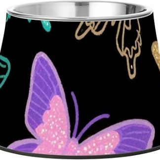 Искусственные миски для кормления собак с блестками и пайетками в виде бабочек, черные, с подставкой, миски для кормления кошек из нержавеющей стали для медленного кормления кошек, дружелюбные к усам. Platos de comida para gatos