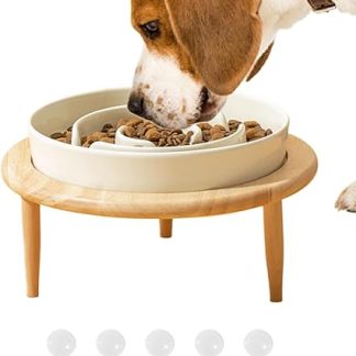 Аксессуары для домашних животных. Миска для медленного кормления собак, деревянная керамическая миска для кормления с приподнятым основанием, нескользящая (бежевая).