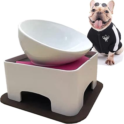 Миска Bulldog Bowl с нескользящей поверхностью для собак и кошек, съемная миска для собак, стерильная наклонная кормушка для домашних животных (белая (керамическая, новая), 1,5 чашки (для маленьких/средних собак))