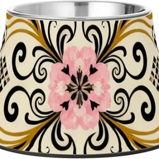 Японская миска для корма для домашних животных в стиле пейсли с розовыми цветами и черными элементами, нескользящая подставка из нержавеющей стали для маленьких собак, усы, усталость, Platos para gatos