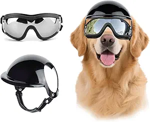 LESYPET Dog Helmet and Goggles, Large Dog UV Protection Pet Sunglasses Motorcycle Helmet, Adjustable, Riding and Driving, Black