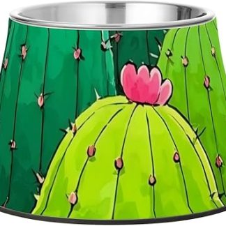 Приподнятая миска для воды для домашних животных из нержавеющей стали с рисунком кактуса, выполненным акварелью.