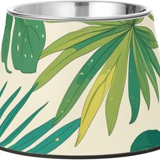 Миска для корма для собак с рисунком тропических зеленых листьев, нескользящая, из нержавеющей стали, для вашего любимого питомца.