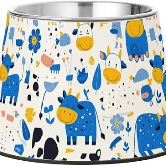 Изящные мультяшные миски для корма в виде коровы, синие миски для собак, улучшенные миски из нержавеющей стали на подставке для кошек, для медленного кормления собак, для снятия усталости и отвисания усов.