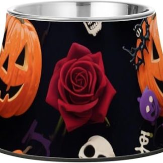 Миска для собак на Хэллоуин с желтыми тыквами и розами, нескользящая, из нержавеющей стали, для медленного и удобного кормления собак.