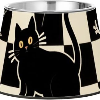 Чёрная клетчатая миска для кормления кошек и собак на Хэллоуин с изображением тыквы и черепа, нескользящая, из нержавеющей стали, для комфортного кормления ваших питомцев.