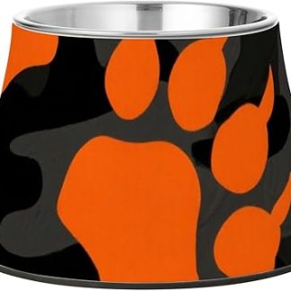 Миска для собак в форме следа животного, оранжево-черная, из нержавеющей стали, удобная для кормления собак среднего размера.