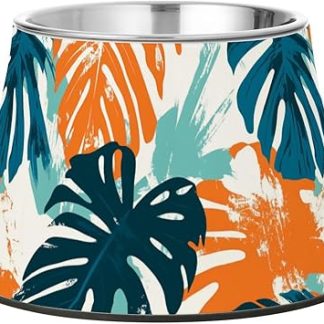 Миски для собак с рисунком летних пальмовых листьев, зеленые и оранжевые, нескользящие, из нержавеющей стали, приподнятые миски для кошек, для любимого питомца, чтобы снять усталость и усиск.