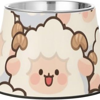 Милая мультяшная овечка, белая миска для корма для собак, нескользящая, из нержавеющей стали, приподнятая, для собак среднего размера, удобная для кормления.