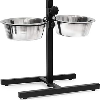 Кормушка для собак Relaxdays, миски из нержавеющей стали объемом 1,6 л, регулируемая по высоте подставка для мисок, В x Ш x Г: 42 x 46 x 27 см, нескользящая поверхность, серебристый цвет.