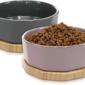 Набор керамических мисок для еды Navaris - 2 миски для собак и кошек с подставкой из дубового дерева - Миски для собак и кошек