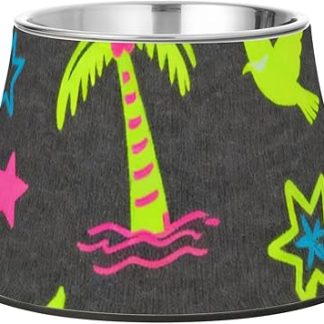 Темно-серая, неоново-зеленая миска для корма для собак в виде лодки с чайкой и кокосовой пальмы. Улучшенная металлическая миска из нержавеющей стали для собак среднего размера. Для медленного кормления. Plato para perros para comer