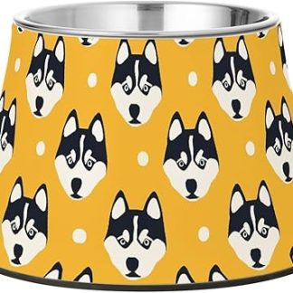 Простые мультяшные собачьи мордочки в линейном стиле, черные на желтом фоне, нескользящая миска для кормления собак среднего размера из нержавеющей стали, предназначенная для медленного приема пищи.