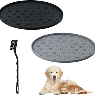 Подстилка под миску для собак и кошек, 28 x 28 см, силиконовая, с приподнятым краем, водонепроницаемая и нескользящая, круглая (серая + черная)