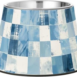 Миска для домашних животных из нержавеющей стали с клетчатым узором светло-голубого и белого цвета, удобная для кормления.