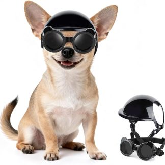 PETLESO Extra Small Dog Goggles and XSmall Dog Helmet, 2Pcs Anti-UV Doggy Sunglasses Cat Motorcycle Protecetive Helmet Set, Chihuahua Safety Hard Hat Outdoor Head & Eyes Protection, XS