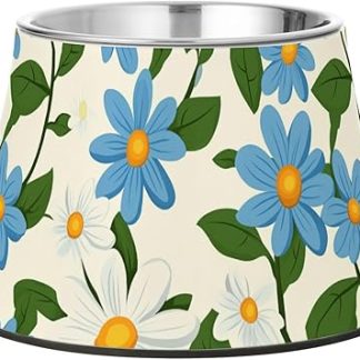 Маленькая голубая миска для воды для собак с цветочками ромашки. Улучшенные миски из нержавеющей стали для домашних животных. Удобное кормление.