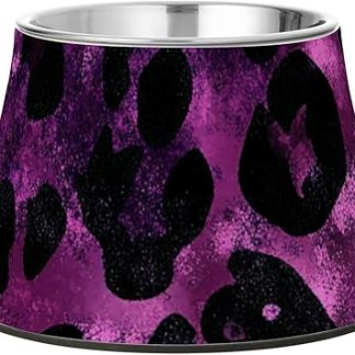 Чёрно-фиолетовая миска для кормления собак с леопардовым принтом, нескользящая, из нержавеющей стали, удобная для кормления собак средних размеров.