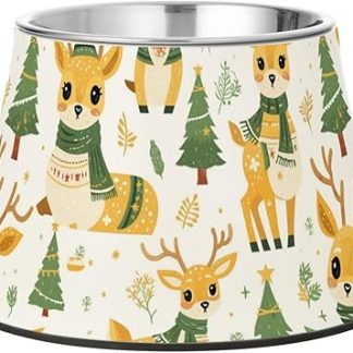 Счастливого Рождества! Желтая елка с оленями. Миски для корма и воды для домашних животных. Нескользящие миски из нержавеющей стали для кошачьего корма и собак. Whiskers Relief.