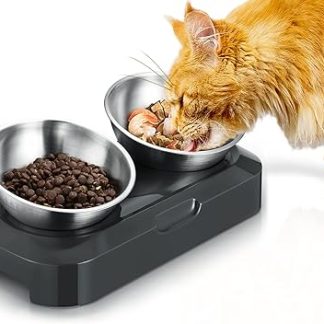 Приподнятая миска для кошек из нержавеющей стали, легко моющаяся и нескользящая силиконовая подставка для кормления кошек с возможностью наклона горловины на 0 и 15°, защитная миска для домашних животных, кошек и