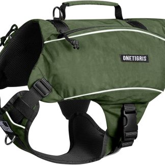 ONETIGRIS Y-Shaped Dog Backpack with Handle, Pockets & No Pull D-Rings, Lightweight Hiking Gear for Dogs Hunting Camping Travel (Large, Green)