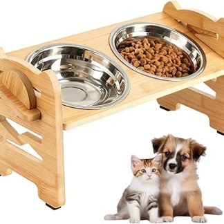 Миска для собак на подставке, миска для корма, для собак и кошек, нержавеющая сталь, миска для кошек на подставке с углом 15°, регулируемая высота, бамбуковая кормушка с 2 мисками из нержавеющей стали.