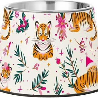 Счастливого Рождества! Миски для собак цвета фуксии с забавным тигром и белыми мисками из нержавеющей стали для мелких животных.