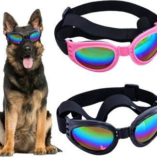 2 Pcs Dog Goggles Dogs Sunglasses Eye Wear for Medium Large Breed Dogs Wind Dust UV Protection Black and Pink Pet Glasses with Adjustable Strap for Skiing Driving Bike Swim (Medium Large, Ellipse)