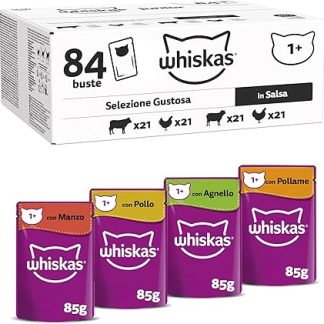 Корм для кошек WHISKAS, 84 пакетика по 85 г, паста для взрослых кошек в соусе, классический корм (4 варианта).