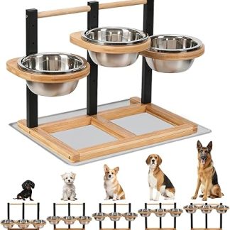 Миска для собак на подставке, 5-позиционная регулировка высоты, миска для собак с 3 мисками из нержавеющей стали объемом 1400 мл и непроливаемым ковриком, эта деревянная миска для собак с