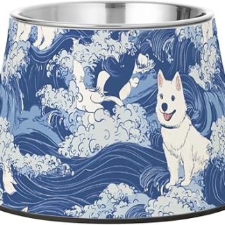 Японская миска для кормления собак Blue Dog Waves из нержавеющей стали с нескользящим покрытием для комфортного кормления питомцев.