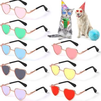 Konohan 8 Pcs Heart Dog Cat Sunglasses Metal Small Pet Sunglasses Funny Puppy Cosplay Glasses Cosplay Party Costume Photo Props