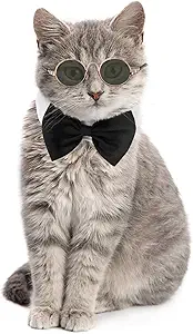 2 Pieces Pets Dog Cat Bowtie Tie Sunglasses Pets Costume Adjustable Formal Necktie Collar for Cats Small Dogs Puppy Round Metal Classic Retro Sunglasses Grooming Accessories Cosplay Party(Black White)