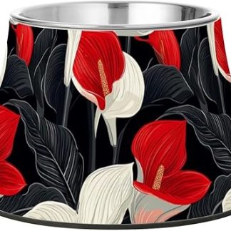 Элегантные миски для домашних животных в этническом стиле с изображением каллы, красные и черные, из нержавеющей стали, с нескользящей поверхностью, для собак среднего размера, для медленного кормления.