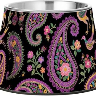 Приподнятая миска для корма для собак из нержавеющей стали с узором «Пейсли» в стиле бохо, фиолетовая, черная, для средних собак, с эффектом медленного кормления.