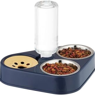 Двойная миска Relaxdays с поилкой для кошек и маленьких собак, бутылка 500 мл, миска для кошек из нержавеющей стали объемом 120 мл, сине-серебристая.