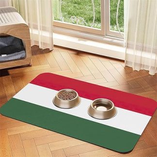 Коврик для кормления собак и кошек из искусственной кожи с принтом флага Венгрии. Впитывающая нескользящая резиновая основа.