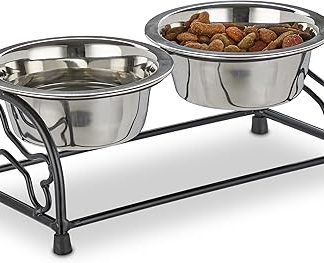 Набор мисок для собак Relaxdays с подставкой, подставка для мисок для собак и щенков, 2 миски из нержавеющей стали по 300 мл каждая, для кормления, черно-серебристый.