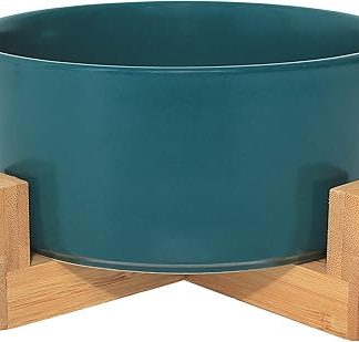 Керамическая миска с бамбуковой подставкой для собак и кошек, приподнятая миска обеспечивает удобное положение для еды и питья, различные варианты, объем 850 мл (нефрит)