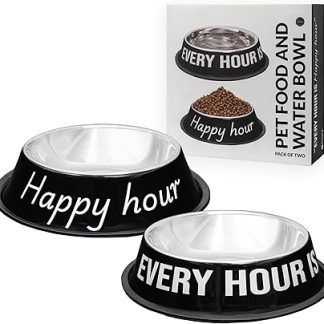 Fisura – Набор из 2 мисок для собак из нержавеющей стали счастливый час, черно-белые, с нескользящей поверхностью, объемом 500 мл для корма и 1000 мл для воды, идеально подходят для ежедневного кормления.
