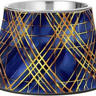 Нескользящая миска для корма и воды для собак из нержавеющей стали с геометрическим узором в сине-золотую клетку. Подходит для медленного приема пищи.