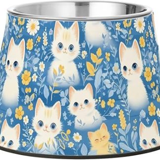 Милые мультяшные кошки с цветами, синяя миска для домашних животных, нескользящая, из нержавеющей стали, для маленьких кошек, с усами, для снятия усталости.